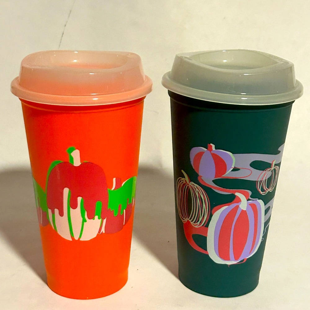 Lot Of 2 Starbucks Halloween Pumpkin Glow In The Dark Reusable Hot Coffee Cups